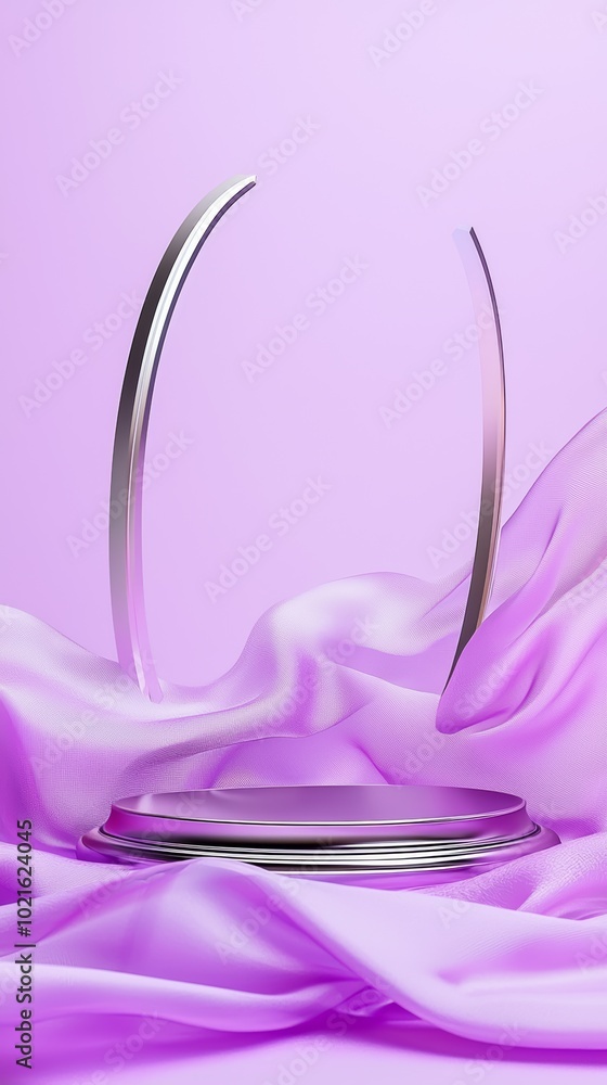 A polished silver podium with a rounded edge, resting on pale lavender chiffon fabric, with subtle lighting creating a luxurious and ethereal atmosphere. A polished silver podium with a rounded edge, resting on pale lavender chiffon fabric, with subtle lighting creating a luxurious and ethereal atmosphere.