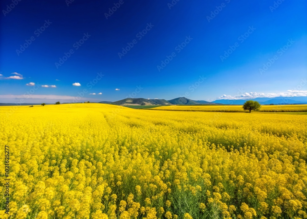 Obraz premium Vibrant Mustard Field Under Clear Blue Sky Showcasing the Beauty of Agricultural Landscapes