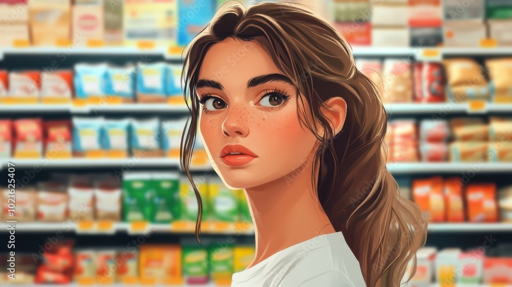 Young woman with freckles looking over shoulder in grocery store aisle Young woman with freckles looking over shoulder in grocery store aisle
