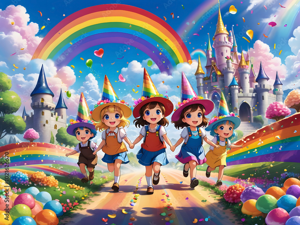 A group of children running under a magical rainbow leading to the land of sweet delights. Children's illustration style for a storybook. A group of children running under a magical rainbow leading to the land of sweet delights. Children's illustration style for a storybook.