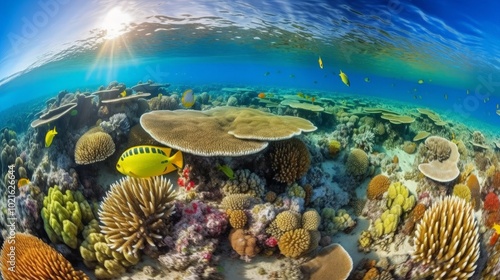 A vibrant coral reef teeming with colorful fish and diverse marine life. The sun shines through the surface of the water, creating a beautiful and tranquil scene.