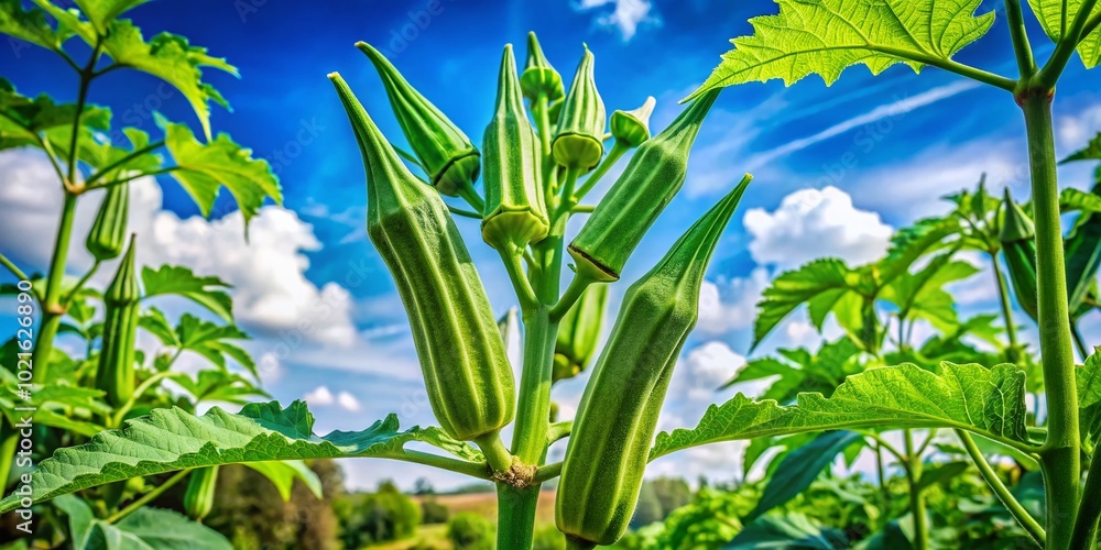 Fototapeta premium Vibrant Okra Tree with Lush Green Leaves and Pods in a Sunny Garden Setting under Blue Sky