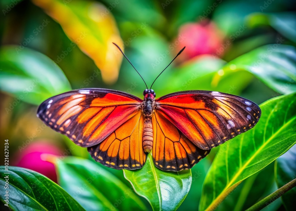 Fototapeta premium Vibrant Orange and Pink Butterfly Perched on a Green Leaf in a Colorful Garden Setting