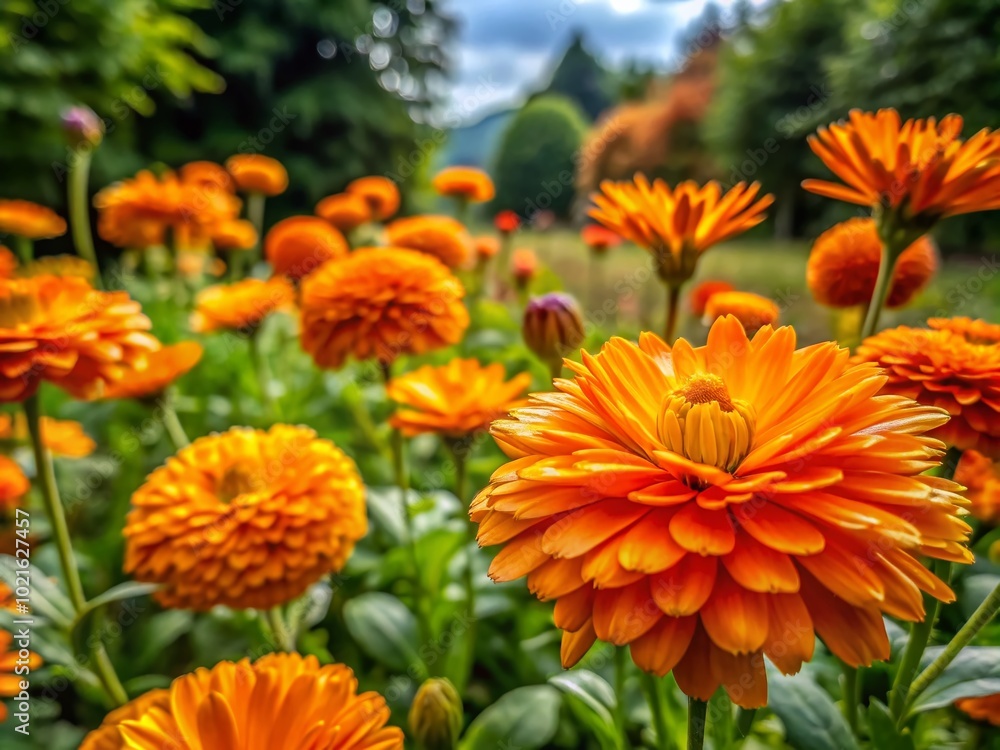 Vibrant Orange Flowers Blooming in a Lush Garden Setting Perfect for Nature and Floral Themes Vibrant Orange Flowers Blooming in a Lush Garden Setting Perfect for Nature and Floral Themes