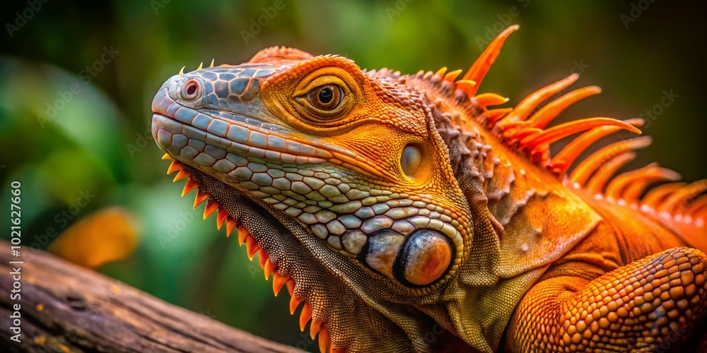 Fototapeta premium Vibrant Orange Iguana Portrait in Natural Habitat Capturing Exotic Wildlife Beauty and Colorful Reptile Features