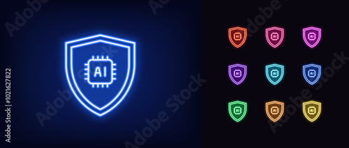 Outline neon AI protection icon set. Glowing neon shield with AI chip, security algorithms with artificial intelligence. Smart safety system, digital intellect for data storage protection. Vector icon