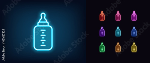 Outline neon baby bottle icon set. Glowing neon baby bottle with nipple for milk, newborn feeding. Infant bottle with teat and scale measure, baby nutrition and food, newborn health care. Vector icons