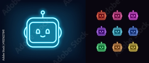 Outline neon chat bot icon set. Glowing neon robot face with cute smile. Friendly virtual assistant, smart bot with AI algorithms, chatbot technology for business tasks, digital helper. Vector icons