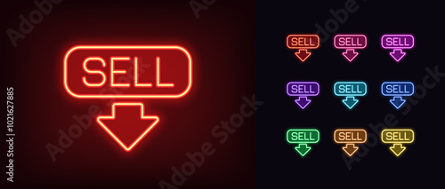 Outline neon sell icon set. Glowing neon sell button with down arrow, decline stock market. Stock exchange trading, forecast signal to Sell, falling share price, bearish stock market. Vector icons