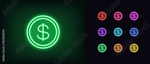 Outline neon dollar coin icon set. Glowing neon coin with dollar sign, outline token. USD currency, digital money token, financial market and trade, money earn, finance budget, bank cash. Vector icons
