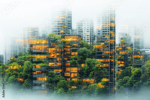 Modern cityscape blending nature and architecture with green terraces and glowing windows. photo