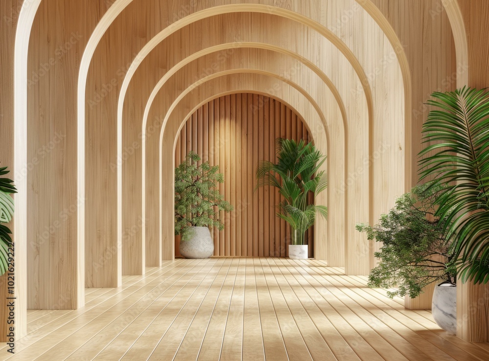 Elegant Wooden Archway Corridor with Plants Elegant Wooden Archway Corridor with Plants
