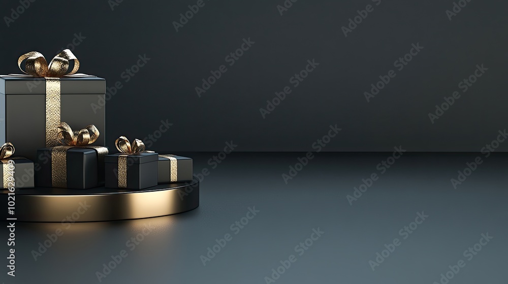 Gift boxes in varying sizes adorned with ribbons and golden accents are stacked against a black background, creating an inviting space for product showcase Gift boxes in varying sizes adorned with ribbons and golden accents are stacked against a black background, creating an inviting space for product showcase