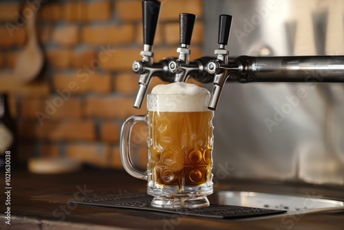 Beer mug is being filled from a tap in a bar with a brick wall in the background photo