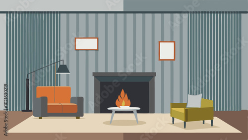 The living room with a statement wall made of corrugated metal panels and a concrete fireplace as the focal point.