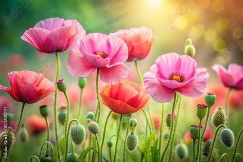 Vibrant Pink Poppies in Bloom Against a Soft Green Background for Nature and Floral Imagery