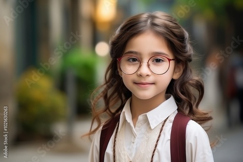 Portrait of cute little schoolgirl in eyeglasses, outdoors