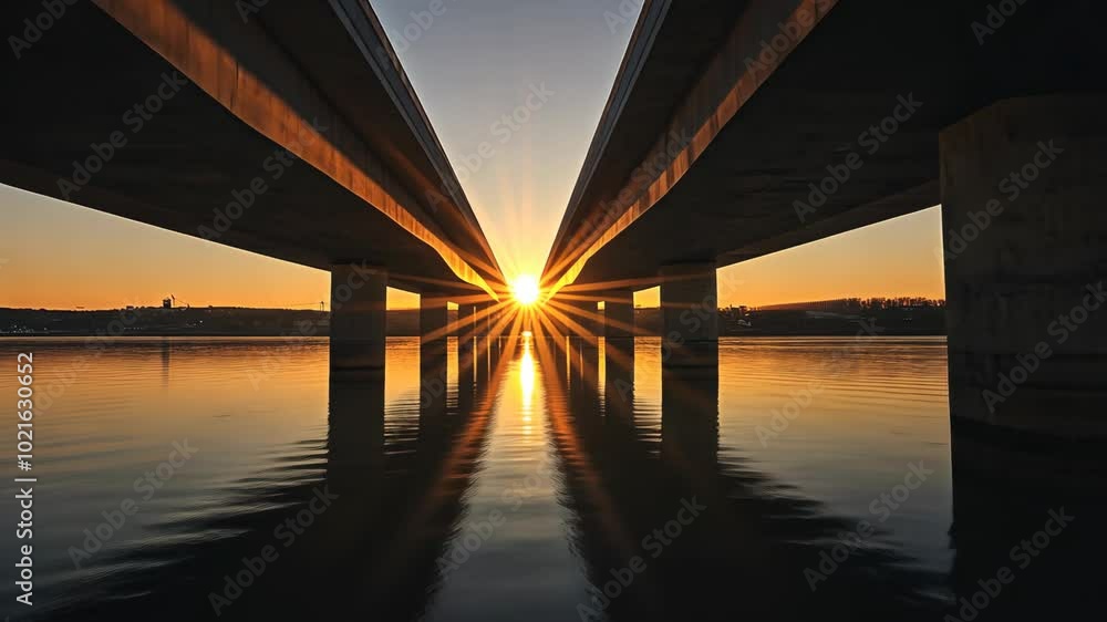 The sun sets over the river, casting golden light through the bridge's pillars The sun sets over the river, casting golden light through the bridge's pillars