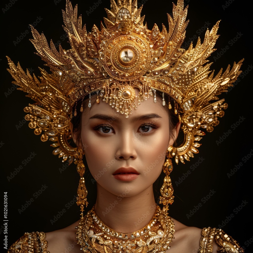 Φωτογραφία Portrait of a Javanese woman wearing a traditional golden headdress and jewelry