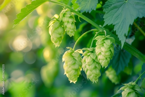 Fresh green hops are growing on a vine in the sun