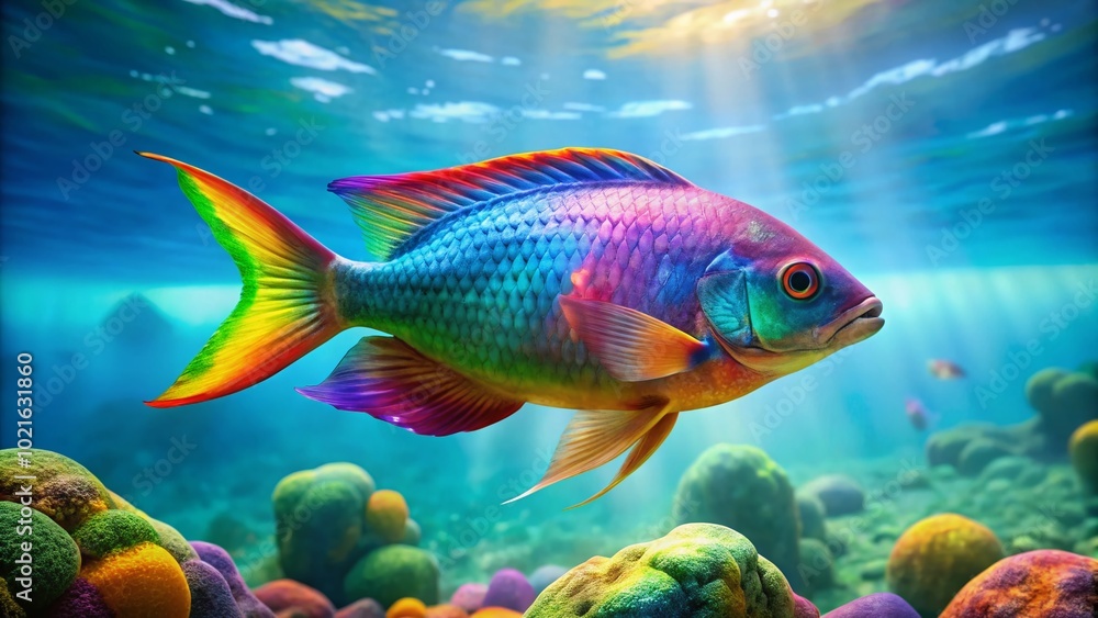 Fototapeta premium Vibrant Rainbow Fish Swimming Gracefully in Turquoise Waters of a Colorful Underwater Landscape