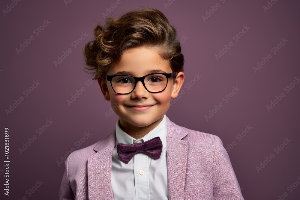Portrait of a cute little boy in glasses and a pink suit. Portrait of a cute little boy in glasses and a pink suit.