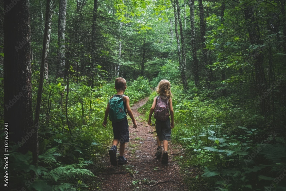 a couple of kids that are walking in the woods