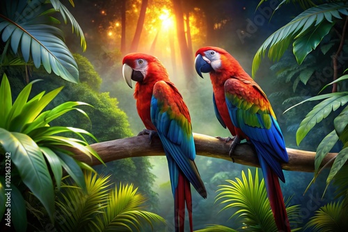 Wallpaper Mural Vibrant Red and Blue Macaw Parrots Perched Together in a Lush Tropical Environment Under Sunlight Torontodigital.ca