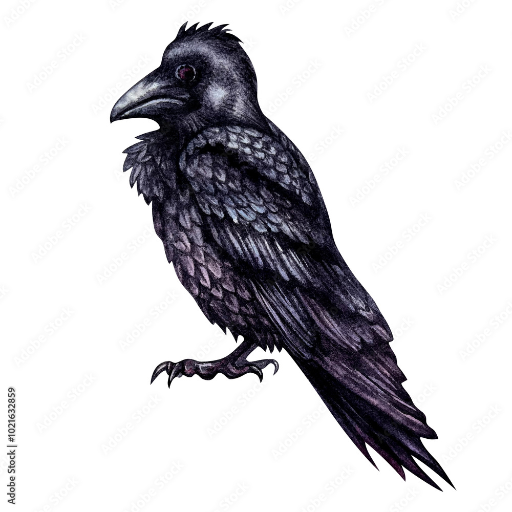 Fototapeta premium Black raven. Watercolor illustration of smart black birds in a realistic hand-drawn style on a white background. Template design element for cards, postcards, Halloween prints, fairy tales.