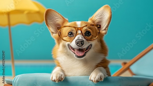 Cute Corgi in Sunglasses Relaxing by the Pool photo