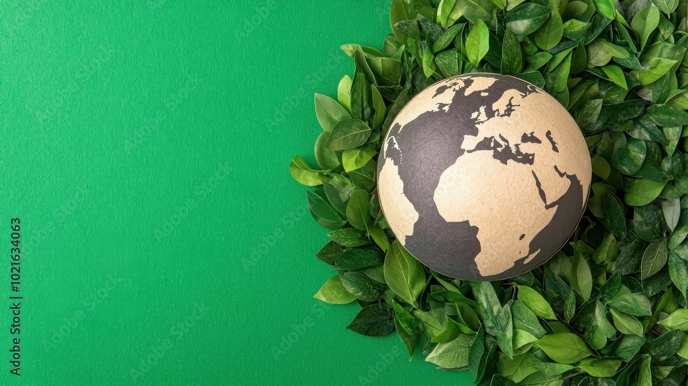 Globe surrounded by green leaves on a green background, symbolizing nature's harmony. Globe surrounded by green leaves on a green background, symbolizing nature's harmony.