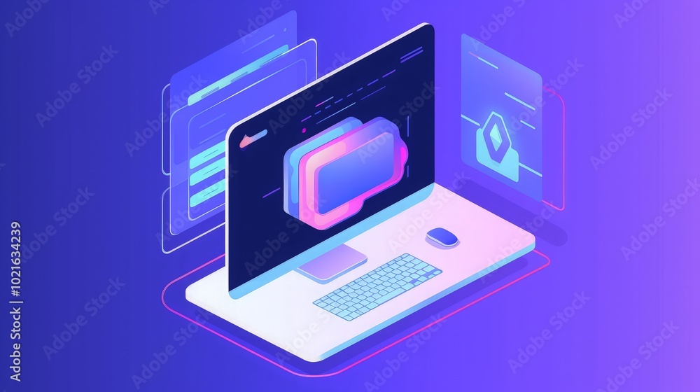 An isometric illustration of a computer with a monitor displaying a chat window, with a mouse and keyboard on the desk. An isometric illustration of a computer with a monitor displaying a chat window, with a mouse and keyboard on the desk.