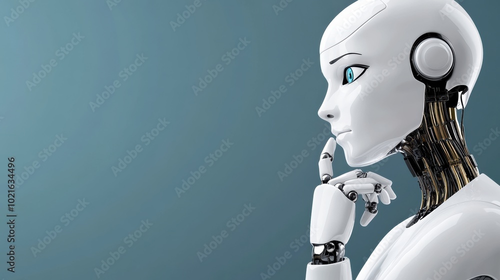 Naklejka premium Futuristic Robot in Thoughtful Pose Against Blue Background, AI