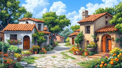 Charming Village Scene with Seasonal Health Foods