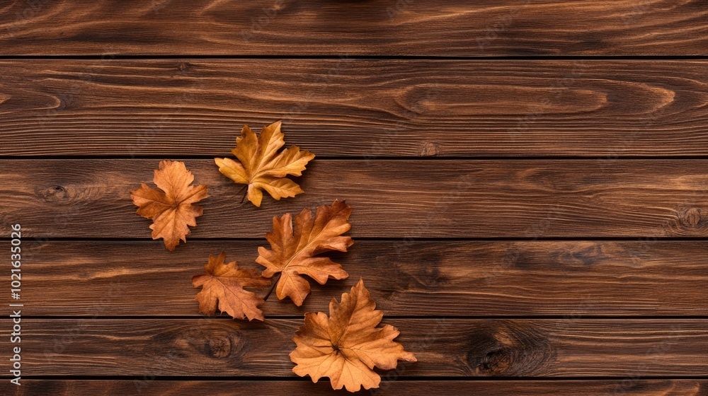 Fototapeta premium Vibrant autumn leaves rest on a wooden table, creating a warm, inviting atmosphere perfect for seasonal projects or celebrations with ample space for text.