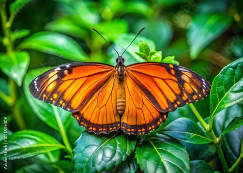 Vibrant Small Orange Butterfly Perched on Green Leaves in a Natural Outdoor Habitat Setting