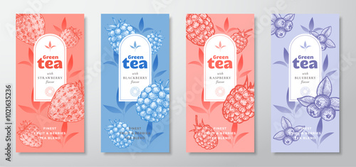 Tea Labels Vector Set. Fruit and Berries Tea Packaging Design Layouts Bundle. Modern Typography, Hand Drawn Tea Leaves, Strawberry, Blueberry and Raspberry Silhouettes Beverage Backgrounds Isolated