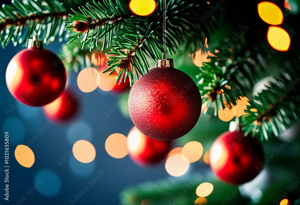 Sparkling ornament balls in vibrant red and gold hang from a lush spruce tree branch. Soft, warm lights twinkle enhancing festive spirit of Christmas. Happy New Year. Anamorphic bokeh. Generative AI Sparkling ornament balls in vibrant red and gold hang from a lush spruce tree branch. Soft, warm lights twinkle enhancing festive spirit of Christmas. Happy New Year. Anamorphic bokeh. Generative AI