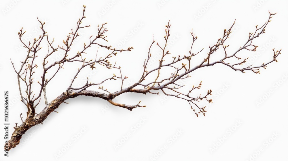 A bare branch with small buds, isolated on a white background. A bare branch with small buds, isolated on a white background.