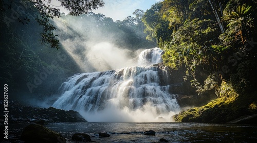 Majestic waterfall cascading down a rocky cliff, surrounded by lush greenery, with sunlight streaming through the mist.