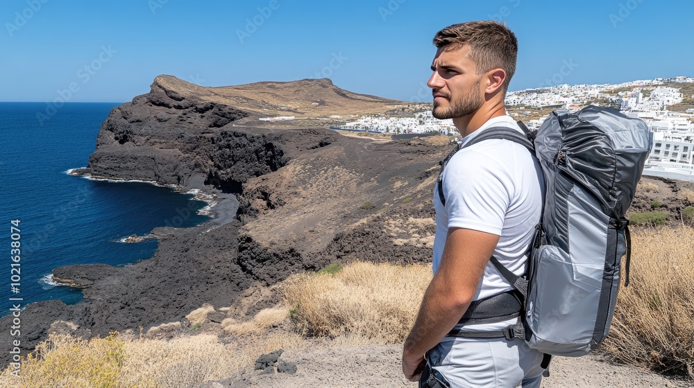 A young man stands on the beach in Lanzarote, Spain, gazing at the tranquil blue sea. He wears shorts and a backpack, embodying the essence of summer relaxation A young man stands on the beach in Lanzarote, Spain, gazing at the tranquil blue sea. He wears shorts and a backpack, embodying the essence of summer relaxation
