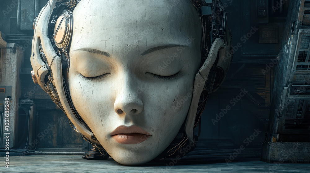 Futuristic Robotic Head with Closed Eyes in Industrial Setting, AI Futuristic Robotic Head with Closed Eyes in Industrial Setting, AI
