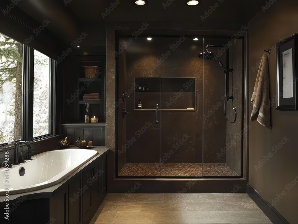 Contemporary bathroom featuring chocolate walls, a walk-in shower, and black fixtures Contemporary bathroom featuring chocolate walls, a walk-in shower, and black fixtures