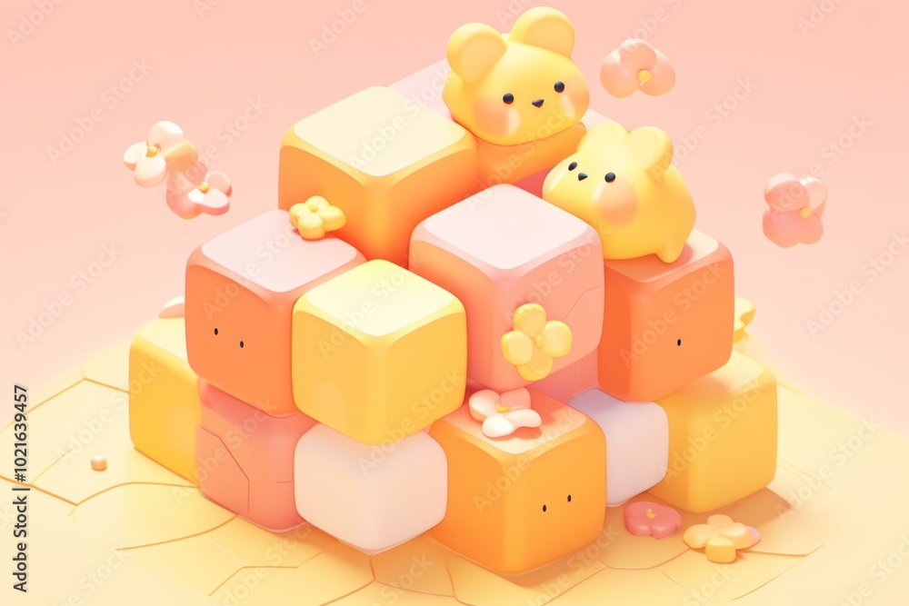 Obraz premium 3D Rendered Abstract Pastel Colored Blocks With Flowers and Bears