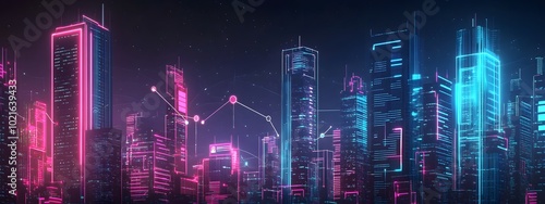 A futuristic city skyline with glowing digital connections, representing the integration of smart technology in urban life