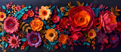 Fototapeta Naklejka Na Ścianę i Meble -  Mexico flowers ornament. Panel of cut out paper bright flowers, texture, background.