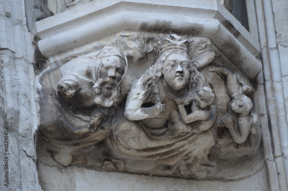 Naklejka premium Grotesque Stone Carving on Gothic Cathedral Facade in Brussels 