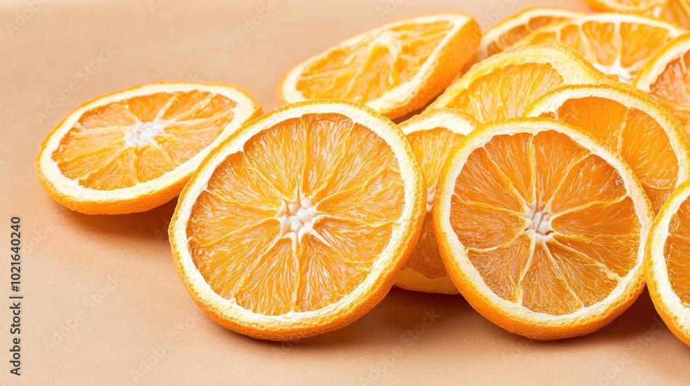 Fototapeta premium A collection of dried orange slices sits beautifully on parchment paper in the oven, highlighting the art of food preservation and enhancing flavors.