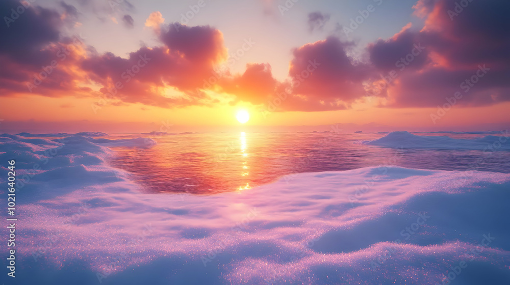 Snowy Landscape with Sunset over the Water - 3D Illustration Snowy Landscape with Sunset over the Water - 3D Illustration