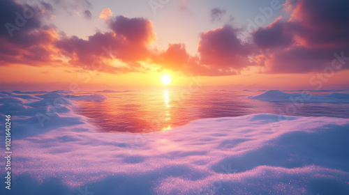 Snowy Landscape with Sunset over the Water - 3D Illustration